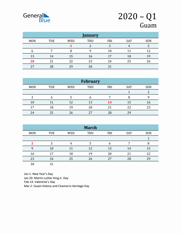 Three-Month Planner for Q1 2020 with Holidays - Guam