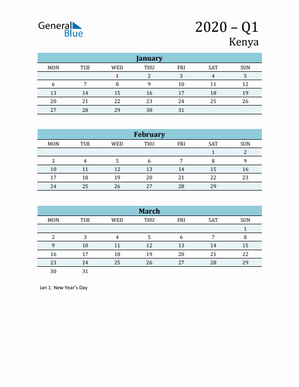 Three-Month Planner for Q1 2020 with Holidays - Kenya