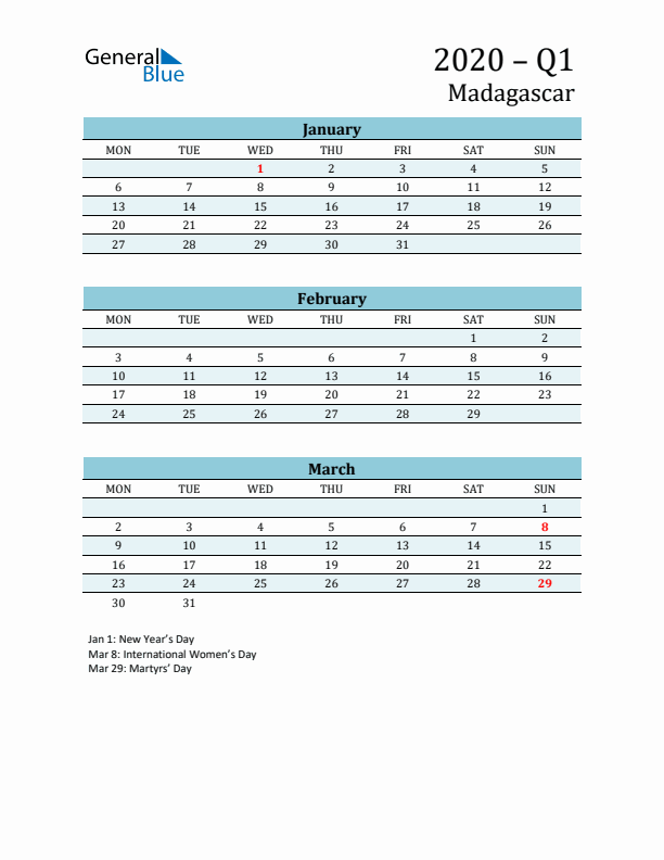 Three-Month Planner for Q1 2020 with Holidays - Madagascar