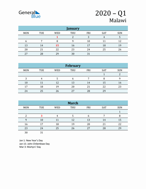 Three-Month Planner for Q1 2020 with Holidays - Malawi
