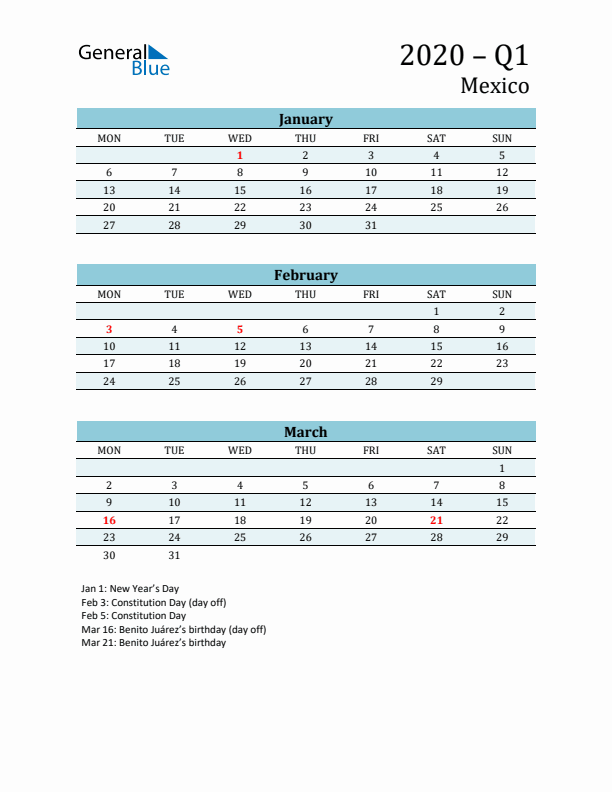 Three-Month Planner for Q1 2020 with Holidays - Mexico