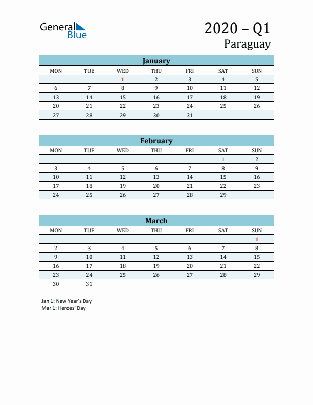 Three-Month Planner for Q1 2020 with Holidays - Paraguay