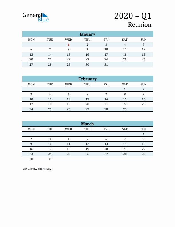 Three-Month Planner for Q1 2020 with Holidays - Reunion