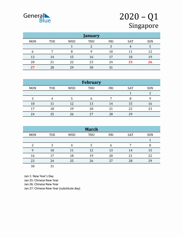 Three-Month Planner for Q1 2020 with Holidays - Singapore