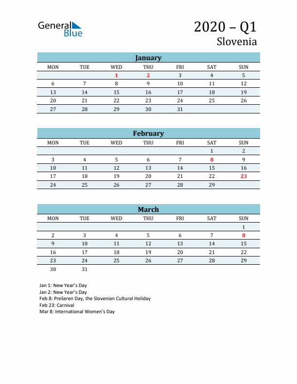 Three-Month Planner for Q1 2020 with Holidays - Slovenia