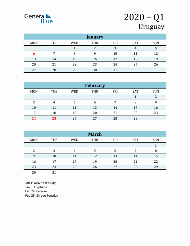 Three-Month Planner for Q1 2020 with Holidays - Uruguay