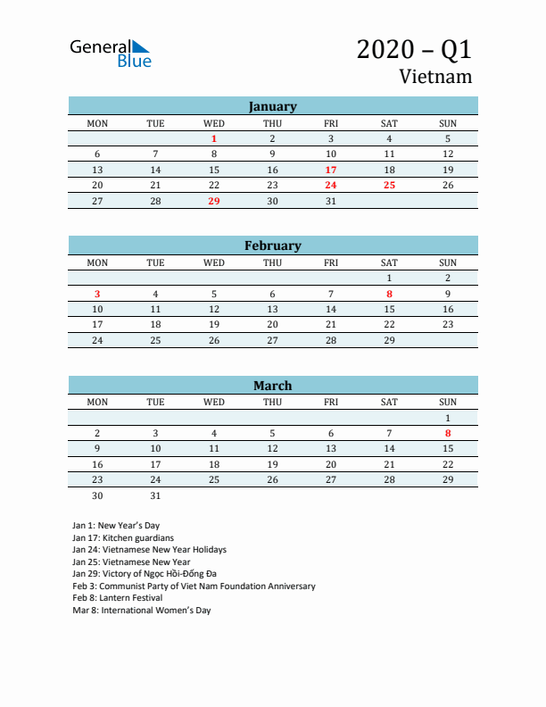 Three-Month Planner for Q1 2020 with Holidays - Vietnam