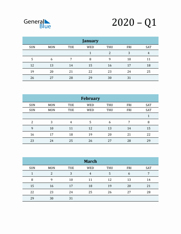 January, February, and March 2020 Calendar