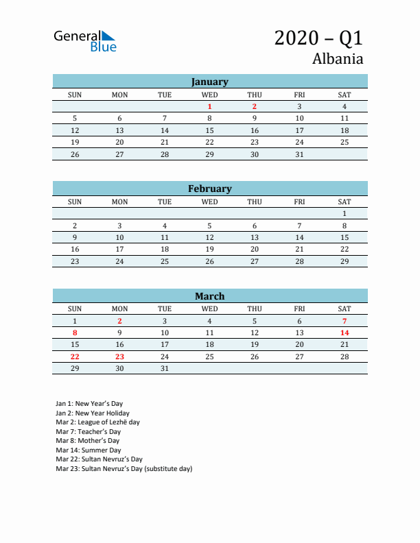 Three-Month Planner for Q1 2020 with Holidays - Albania