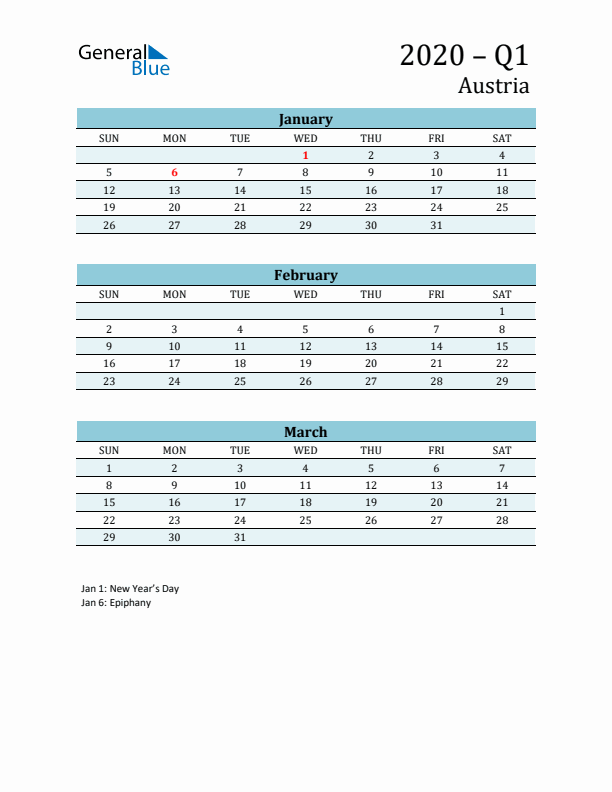 Three-Month Planner for Q1 2020 with Holidays - Austria