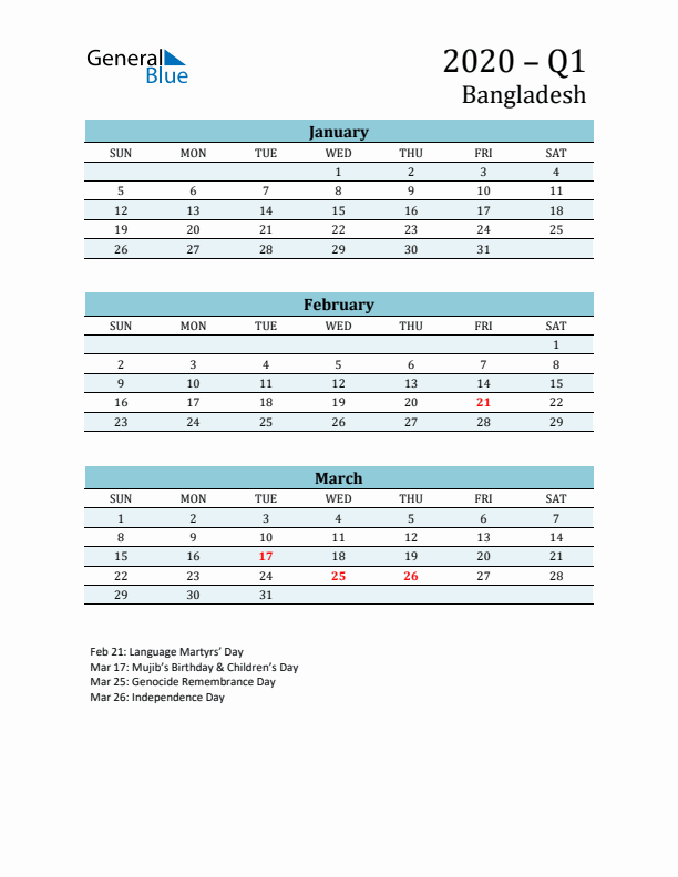 Three-Month Planner for Q1 2020 with Holidays - Bangladesh