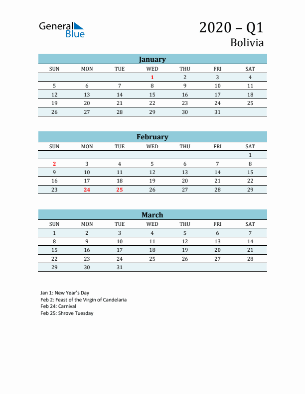 Three-Month Planner for Q1 2020 with Holidays - Bolivia