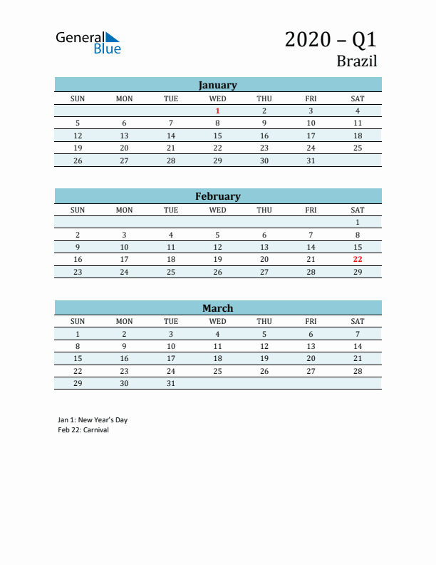 Three-Month Planner for Q1 2020 with Holidays - Brazil