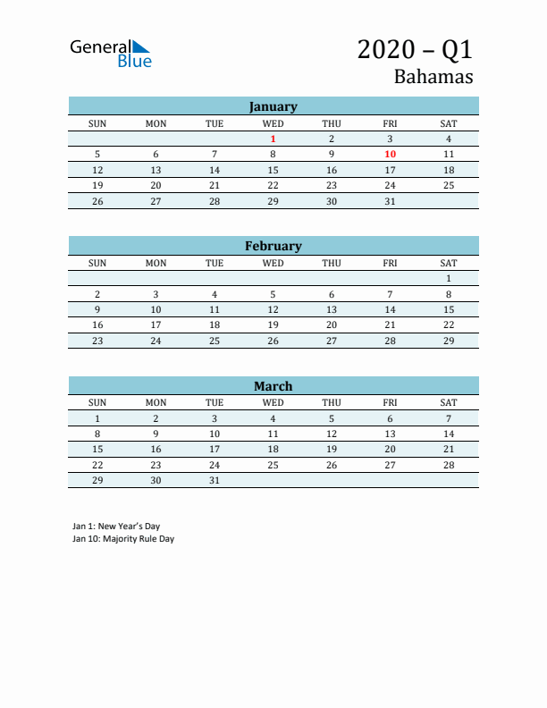 Three-Month Planner for Q1 2020 with Holidays - Bahamas