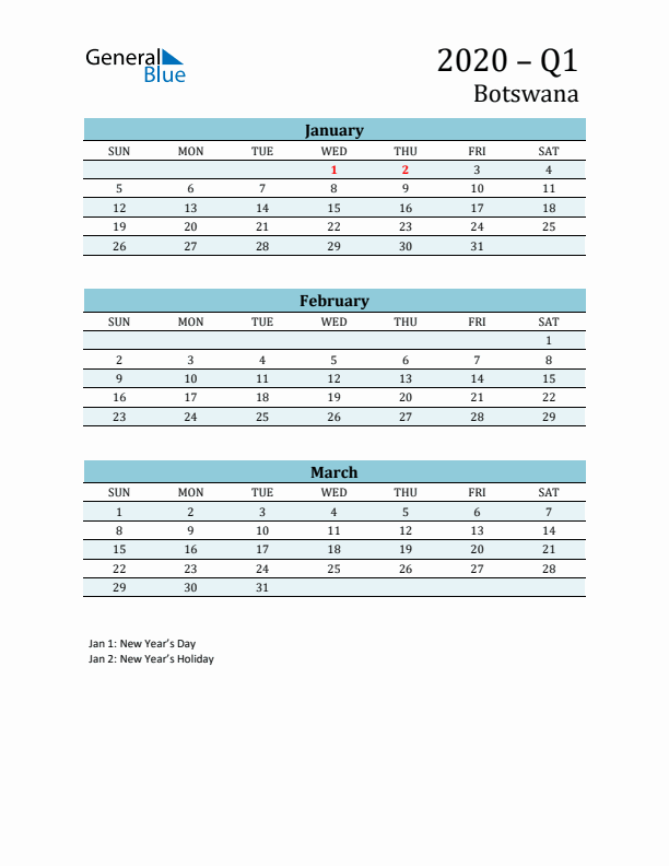 Three-Month Planner for Q1 2020 with Holidays - Botswana
