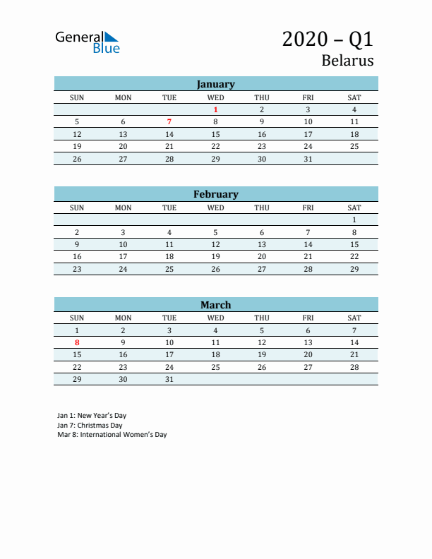Three-Month Planner for Q1 2020 with Holidays - Belarus