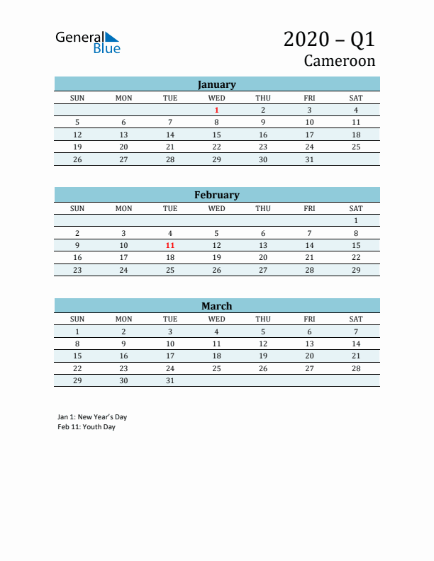 Three-Month Planner for Q1 2020 with Holidays - Cameroon
