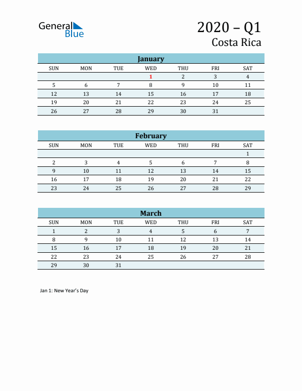 Three-Month Planner for Q1 2020 with Holidays - Costa Rica