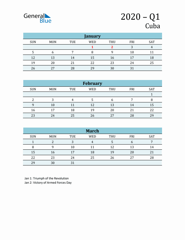 Three-Month Planner for Q1 2020 with Holidays - Cuba