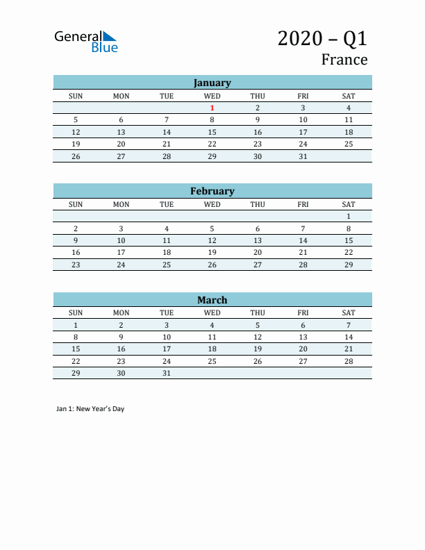 Three-Month Planner for Q1 2020 with Holidays - France