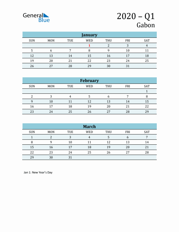 Three-Month Planner for Q1 2020 with Holidays - Gabon