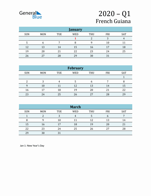 Three-Month Planner for Q1 2020 with Holidays - French Guiana