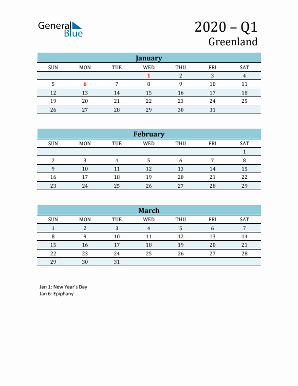 Three-Month Planner for Q1 2020 with Holidays - Greenland