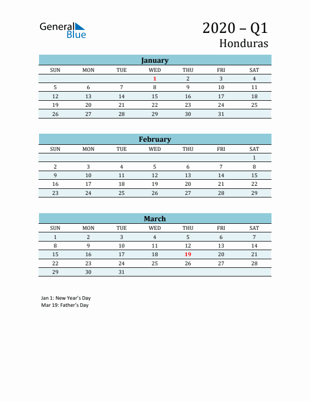 Three-Month Planner for Q1 2020 with Holidays - Honduras
