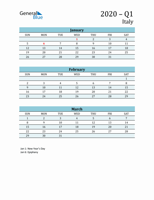 Three-Month Planner for Q1 2020 with Holidays - Italy