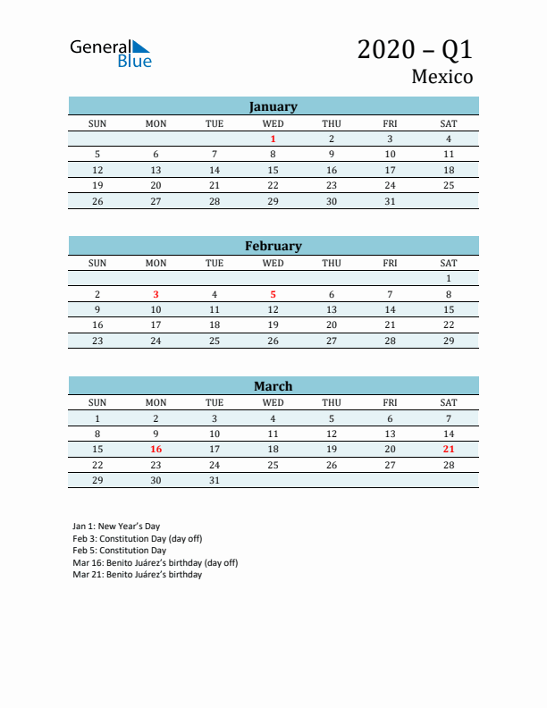 Three-Month Planner for Q1 2020 with Holidays - Mexico