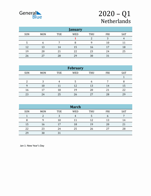 Three-Month Planner for Q1 2020 with Holidays - The Netherlands