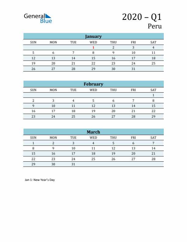 Three-Month Planner for Q1 2020 with Holidays - Peru