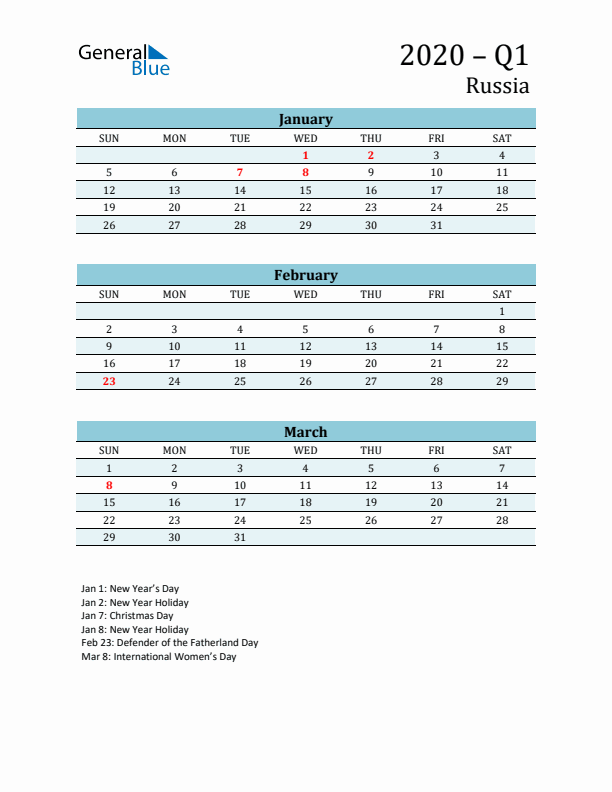 Three-Month Planner for Q1 2020 with Holidays - Russia