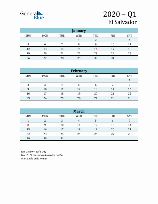 Three-Month Planner for Q1 2020 with Holidays - El Salvador