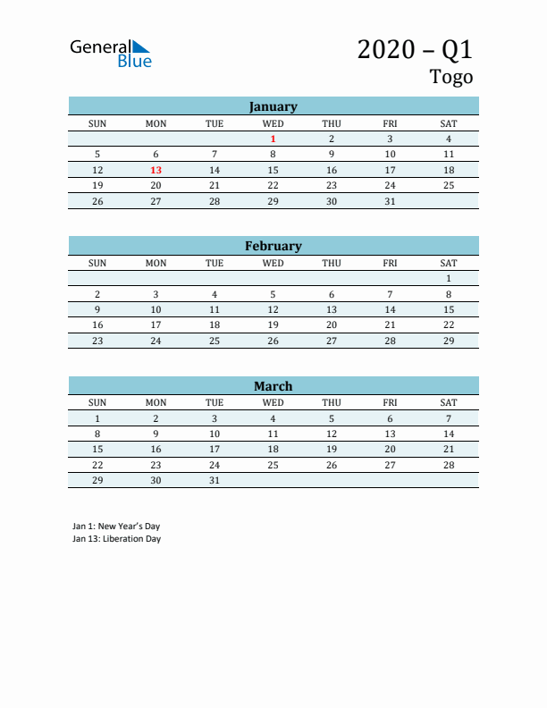 Three-Month Planner for Q1 2020 with Holidays - Togo