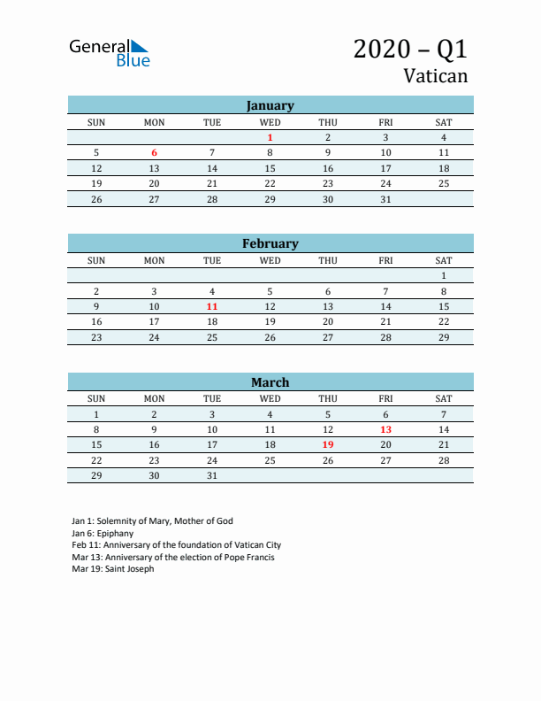 Three-Month Planner for Q1 2020 with Holidays - Vatican