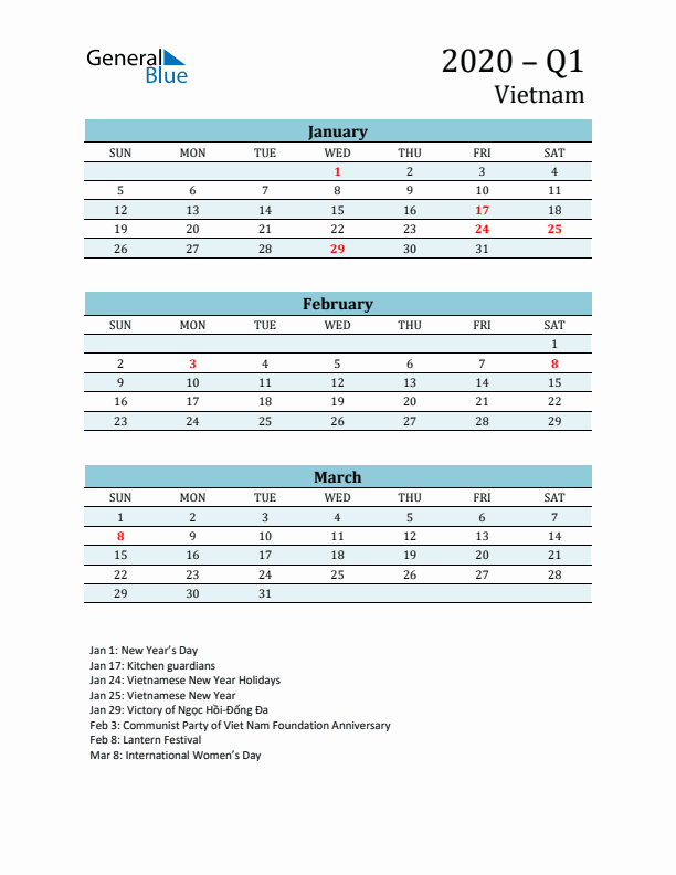 Three-Month Planner for Q1 2020 with Holidays - Vietnam
