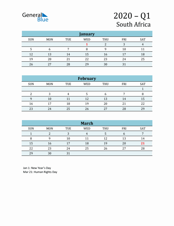 Three-Month Planner for Q1 2020 with Holidays - South Africa