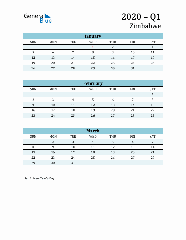Three-Month Planner for Q1 2020 with Holidays - Zimbabwe