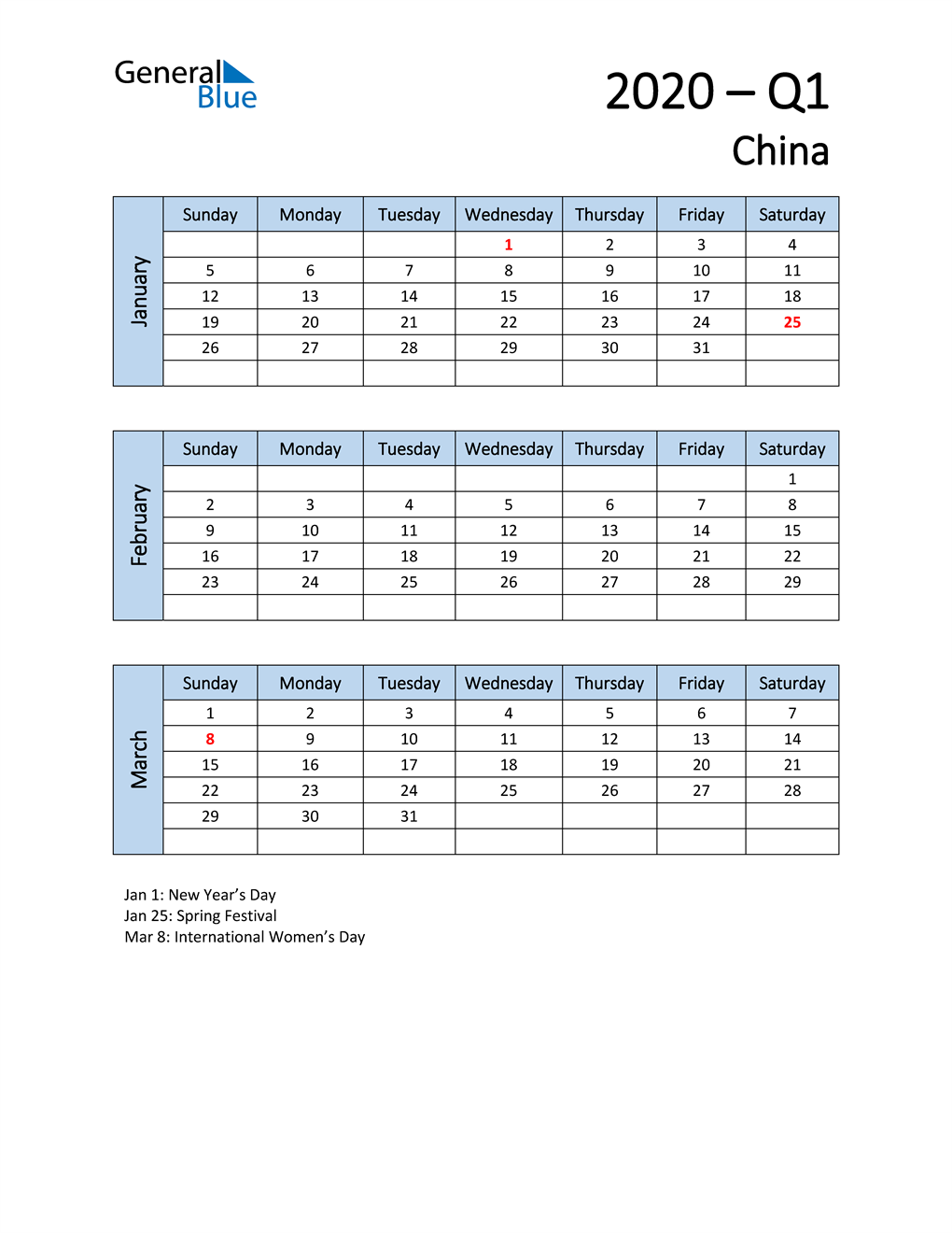  Free Q1 2020 Calendar for China