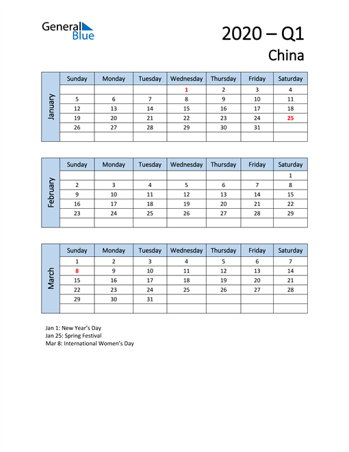  Free Q1 2020 Calendar for China