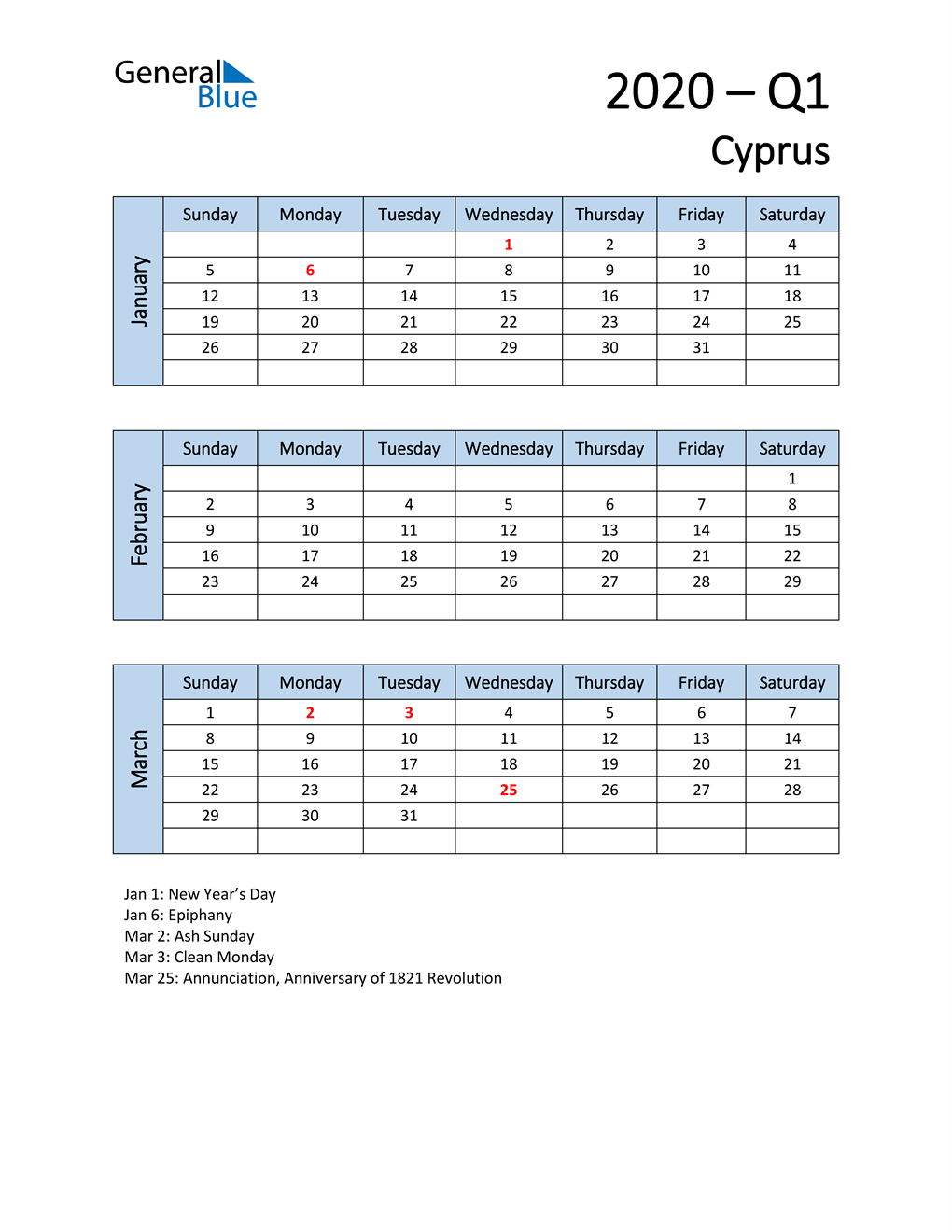  Free Q1 2020 Calendar for Cyprus