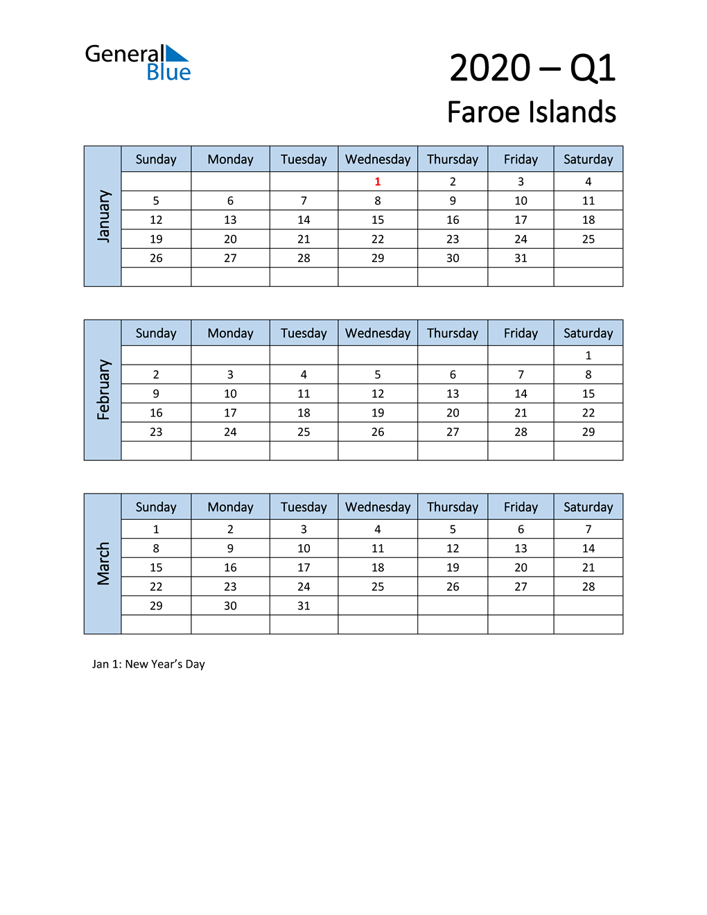  Free Q1 2020 Calendar for Faroe Islands