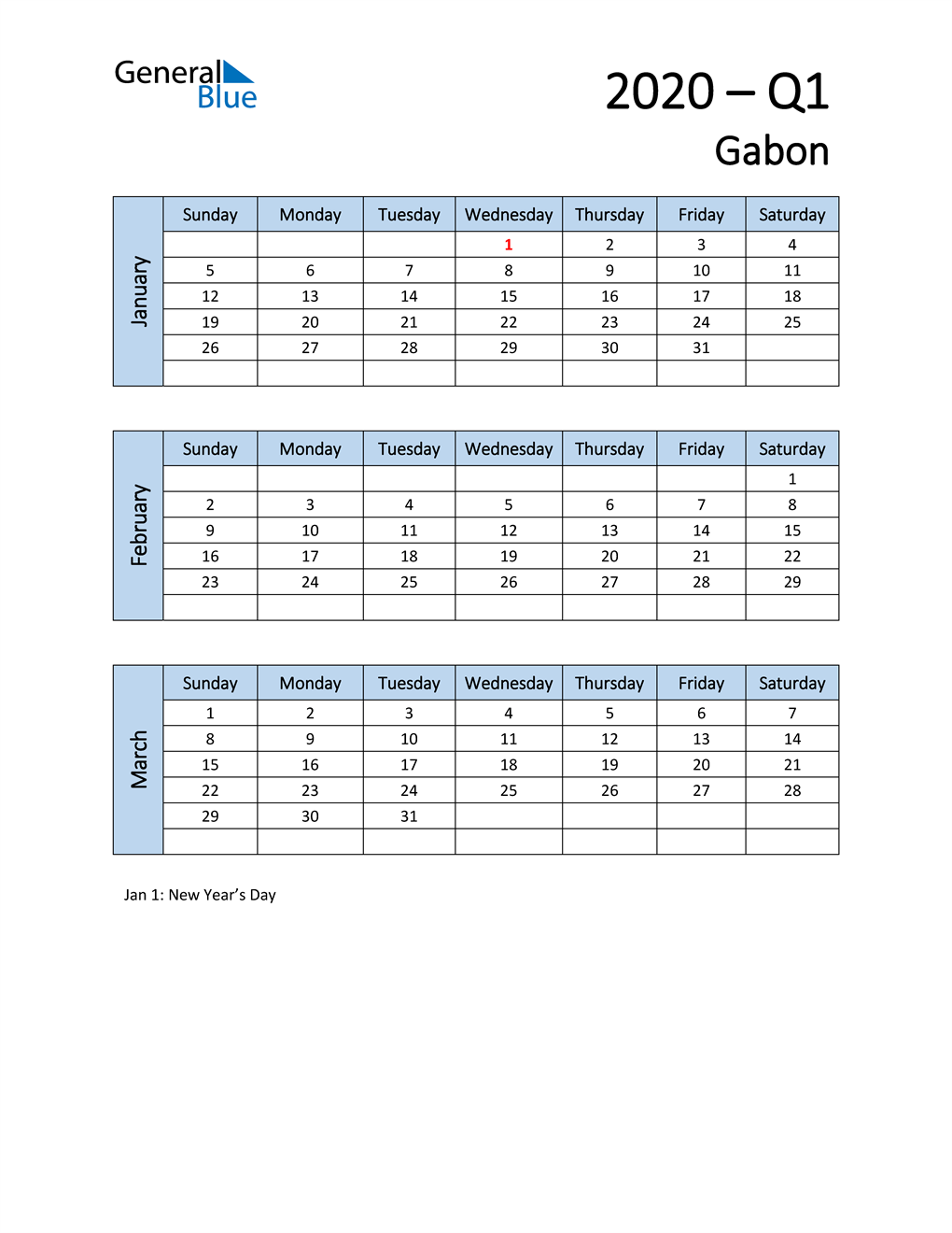  Free Q1 2020 Calendar for Gabon