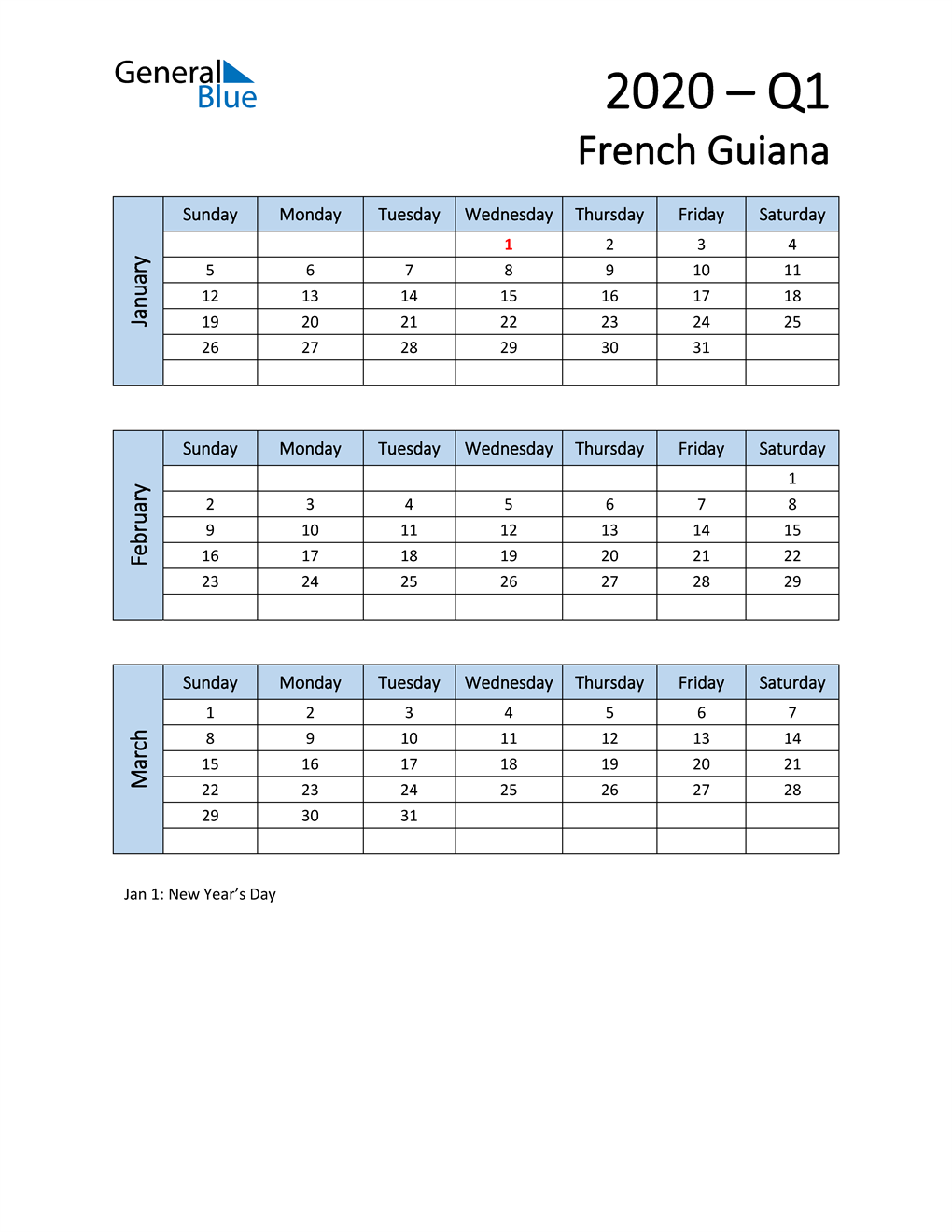  Free Q1 2020 Calendar for French Guiana