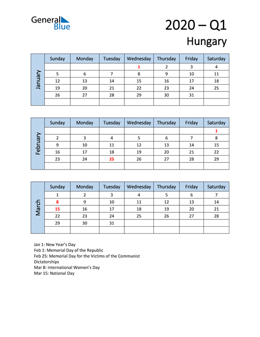  Free Q1 2020 Calendar for Hungary