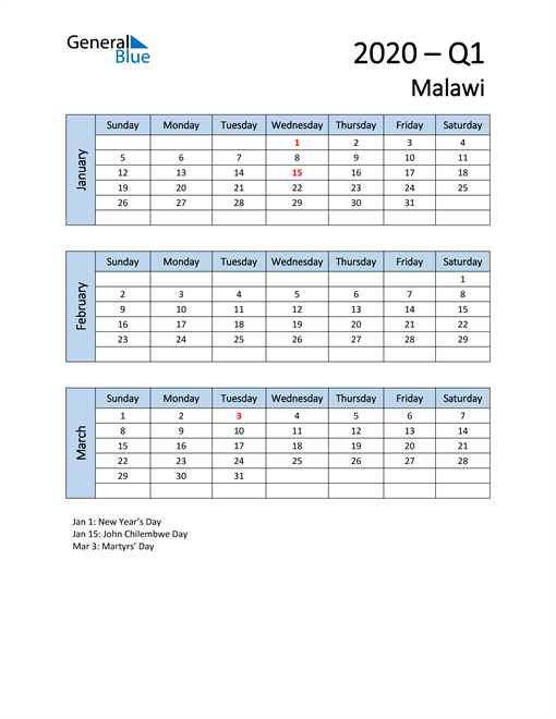  Free Q1 2020 Calendar for Malawi