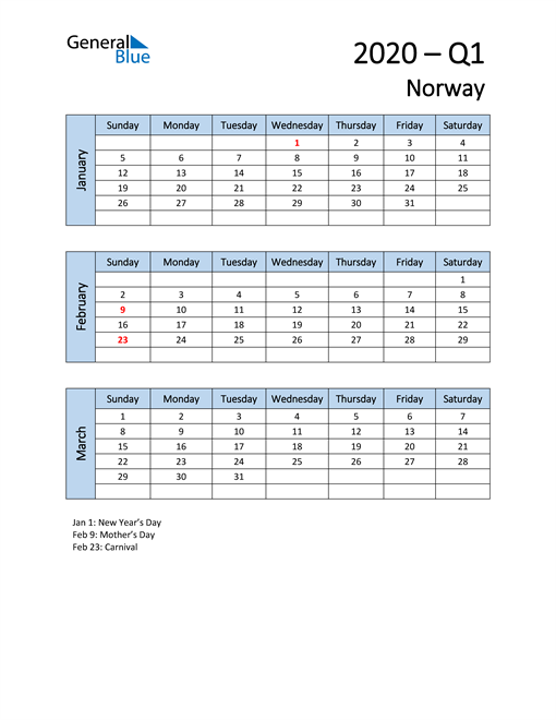  Free Q1 2020 Calendar for Norway