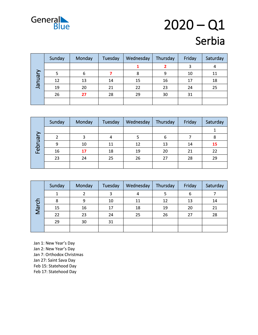  Free Q1 2020 Calendar for Serbia