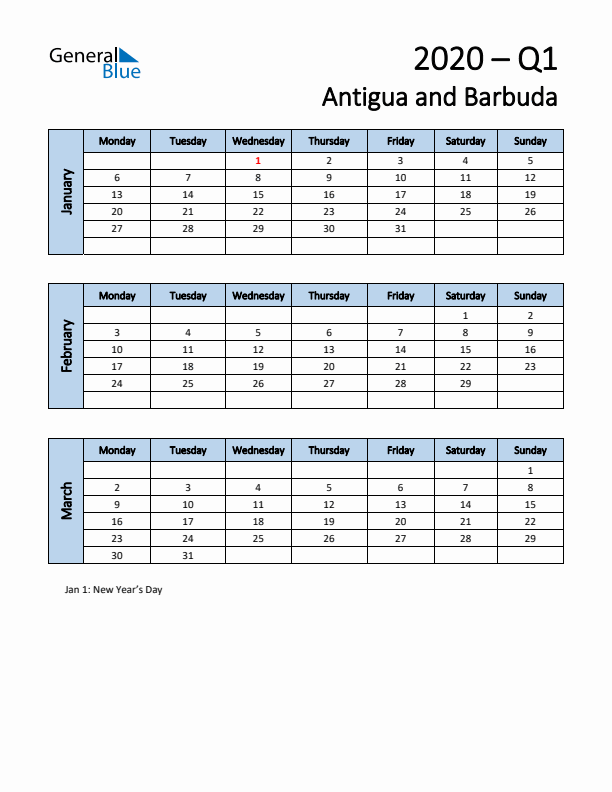 Free Q1 2020 Calendar for Antigua and Barbuda - Monday Start